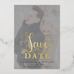 Elegante Kalligrafie Zwei Foto Save the Date Folie Folieneinladung