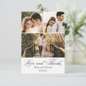 Elegante Kalligraphie 3 Fotos Hochzeit Dankeskarte (Stehend Vorderseite)