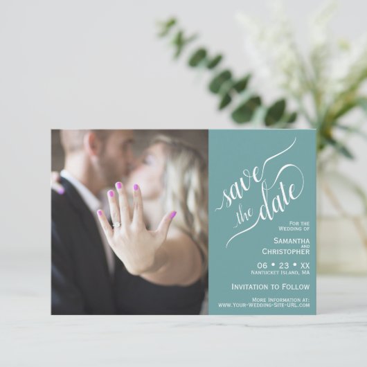 Elegante Kalligraphie Aquamarin 2 Pane Foto Hochze Save The Date (Stehend Vorderseite)