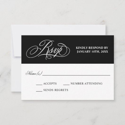 Elegante Kalligraphie auf Black Wedding RSVP Karte (Vorderseite)
