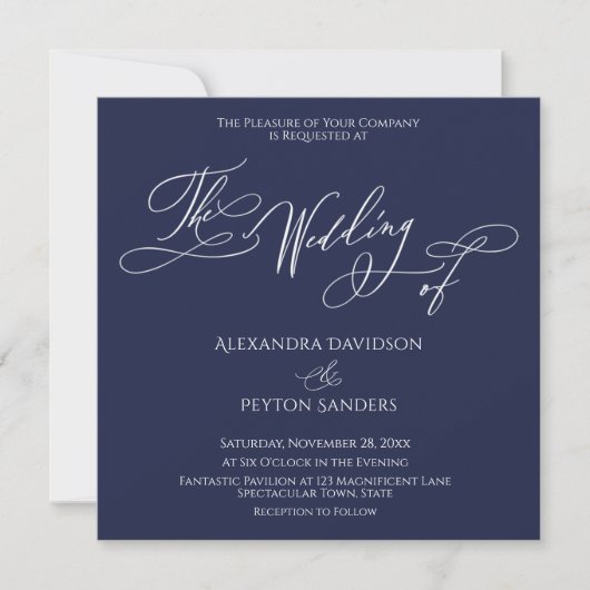 Elegante Kalligraphie auf Navy Blue "The Wedding o Einladung (Vorderseite)