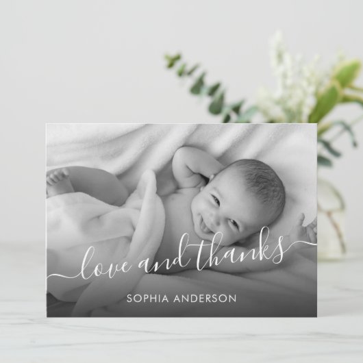 Elegante Kalligraphie Baby Dusche Dankeschön Karte (Stehend Vorderseite)