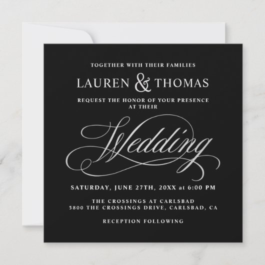Elegante Kalligraphie Black and Silver Wedding Einladung (Vorderseite)