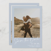 Elegante Kalligraphie Blau 2 Fotos Save the Date (Vorne/Hinten)