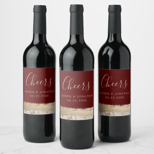 Elegante Kalligraphie, Burgund, Goldfoil-Hochzeit Weinetikett (Flaschen)