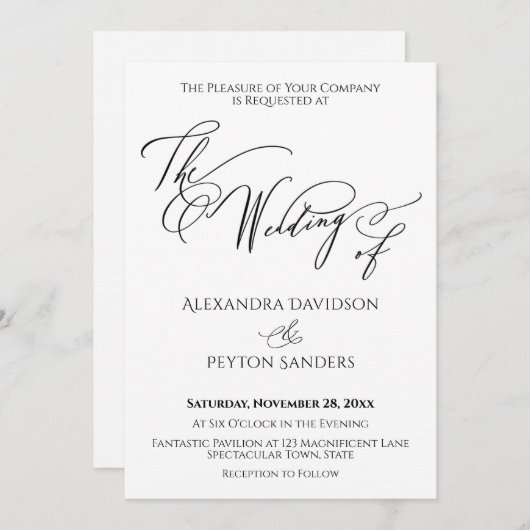Elegante Kalligraphie "Die Hochzeit von" Schwarz & Einladung (Vorne/Hinten)