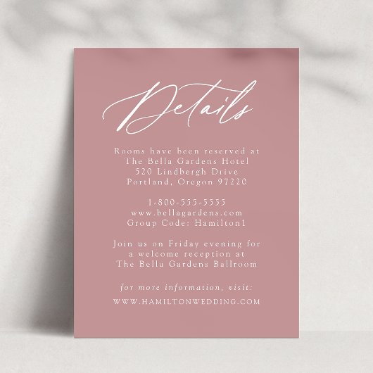 Elegante Kalligraphie Dusty Rose Hochzeitdetails Begleitkarte
