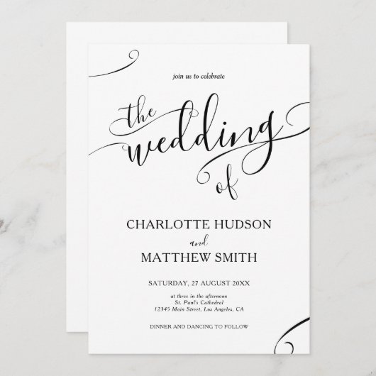 Elegante Kalligraphie Einladung zur Hochzeit (Vorne/Hinten)