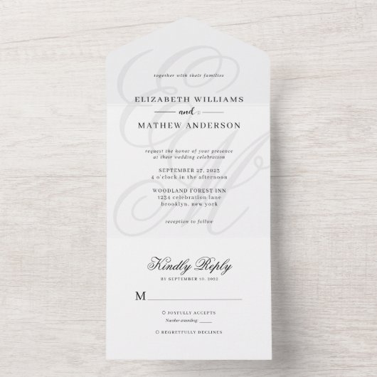 Elegante Kalligraphie Elfenbeinweißes Monogramm Ho All In One Einladung (Innen Boden)