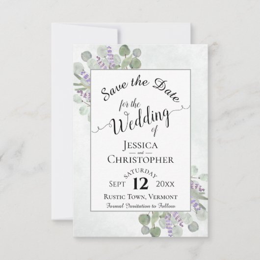 Elegante Kalligraphie Eukalyptus & Lavender Weddin Save The Date (Vorderseite)
