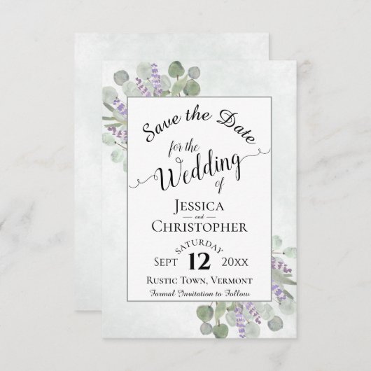 Elegante Kalligraphie Eukalyptus & Lavender Weddin Save The Date (Vorne/Hinten)