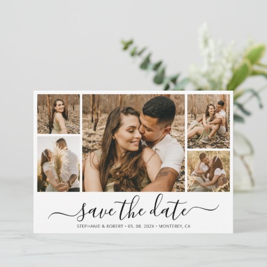 Elegante Kalligraphie FotoCollage Save the Date (Stehend Vorderseite)