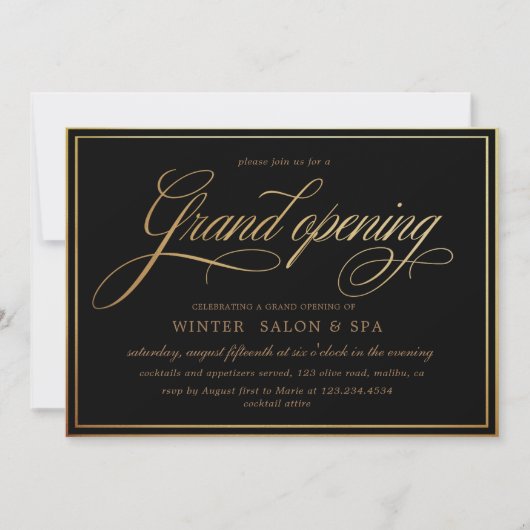 elegante Kalligraphie Gold Grand Opening Einladung (Vorderseite)