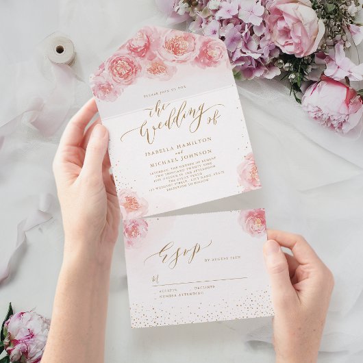 Elegante Kalligraphie, Gold und Blütenhochzeit All In One Einladung