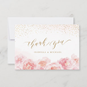 Elegante Kalligraphie, Gold und Blütenhochzeit Dankeskarte