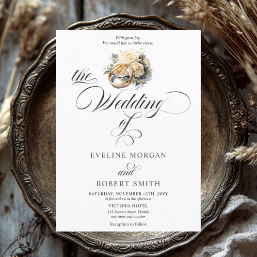 Elegante Kalligraphie - goldene Ringe und Rose Einladung