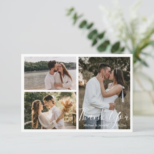 elegante Kalligraphie Hochzeit 3 Fotos Collage Dankeskarte (Stehend Vorderseite)