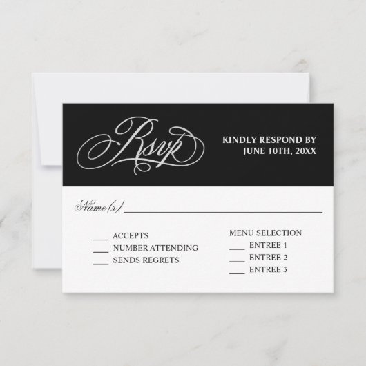 Elegante Kalligraphie Hochzeit RSVP mit Entrees Karte (Vorderseite)