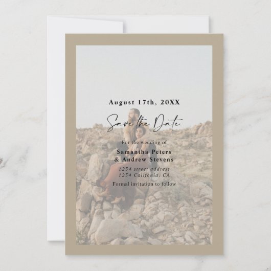 Elegante Kalligraphie Khaki 2 Fotos Save the Date (Rückseite)