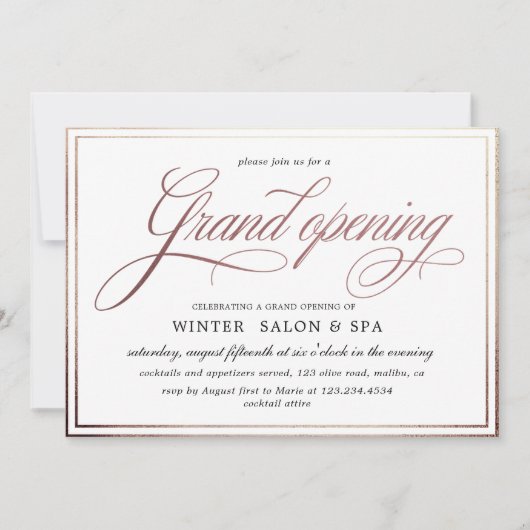 elegante Kalligraphie Rose gold Grand Opening Einladung (Vorderseite)