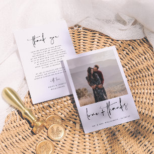 Elegante Kalligraphie Schwarz-Weiß-Foto Hochzeit Dankeskarte