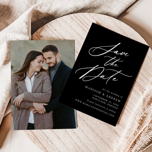 Elegante Kalligraphie Schwarz-Weiß-Foto Hochzeit Save The Date
