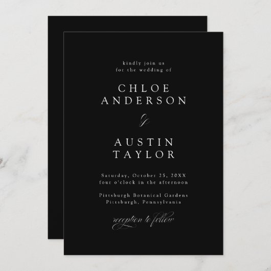 Elegante Kalligraphie Schwarz-Weiß-Hochzeit Einladung (Vorne/Hinten)