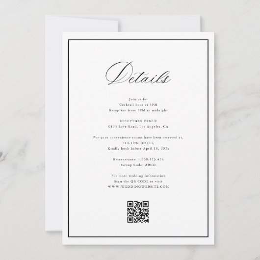 Elegante Kalligraphie, Schwarz-Weiß-Hochzeit Einladung (Rückseite)