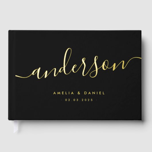 Elegante Kalligraphie schwarze Hochzeitfolie Gästebuch (Vorderseite)