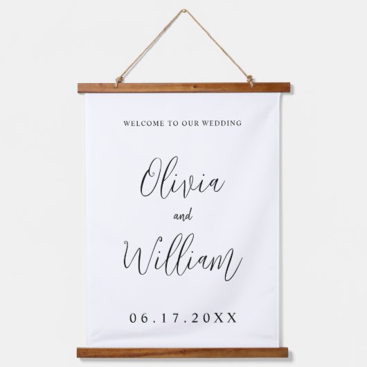 Elegante Kalligraphie Script Wedding Willkommen Wandteppich Mit Holzrahmen (Vorderseite)