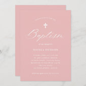 Elegante Kalligraphie und Kreuz | Rosa Taufe Einladung (Vorne/Hinten)