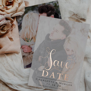 Elegante Kalligraphie Zwei Fotos Save the Date Folieneinladung