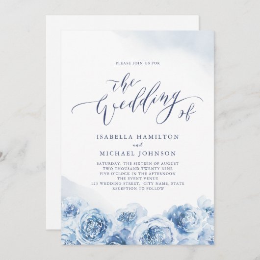 Elegante kalligraphische Hochzeit mit dustigem blü Einladung (Vorne/Hinten)