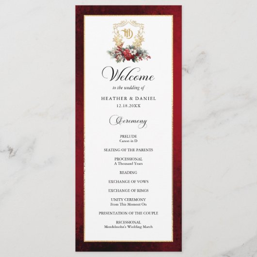 Elegante kalligraphische Hochzeit Rot und Gold Programm (Vorderseite)