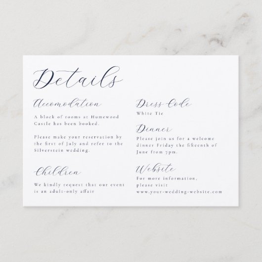 Elegante kalligraphische Hochzeitdetails Begleitkarte (Vorderseite)