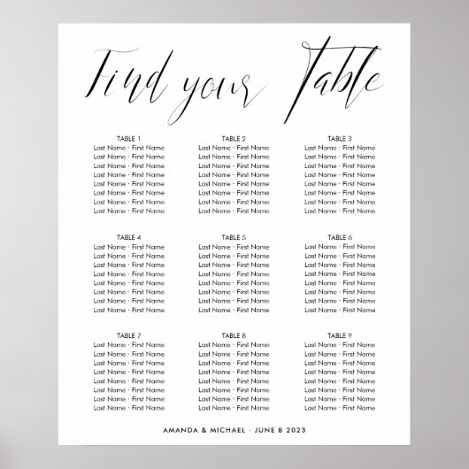 Elegante kalligraphische Hochzeitstabelle Poster (Vorne)