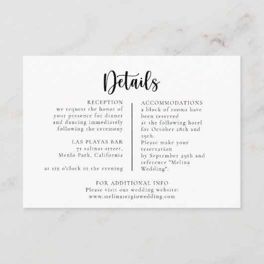 Elegante kalligraphische Klassische Hochzeitdetail Begleitkarte (Vorderseite)