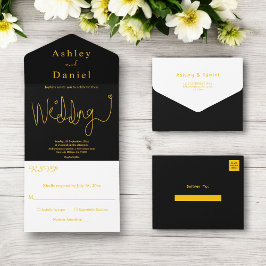 Elegante kalligraphische Schwarz und Gold Moderne  All In One Einladung