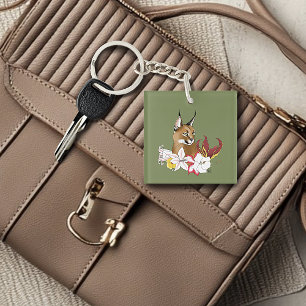 Elegante Karakal Wildkatze Lilien Floral Grün Schlüsselanhänger