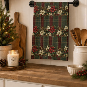 Elegante Kariert & Poinsettias Weihnachtsfeiertag Geschirrtuch