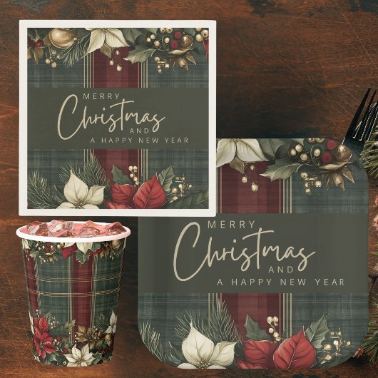Elegante Kariert & Poinsettias Weihnachtsfeiertag Serviette