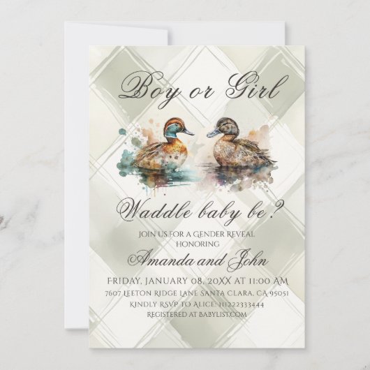 Elegante Karierte Waddle Es wird Enten Geschlecht Einladung (Vorderseite)