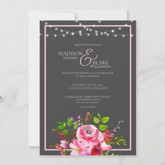 Elegante Karkohle Grau und Rosa Hochzeit Einladung (Vorderseite)