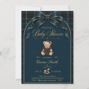 Elegante Karo-Teddybär-Baby-Shower Navy Gold Einladung