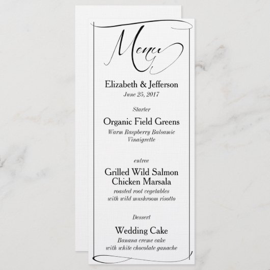 Elegante Karte mit Schwarz-Weiß-Skript-Hochzeitsme (Vorne/Hinten)