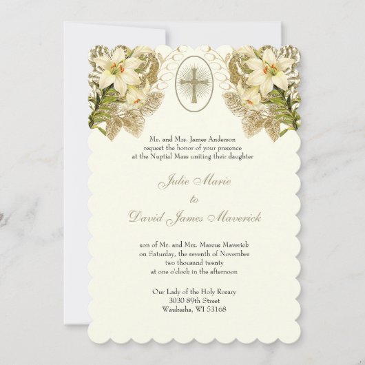 Elegante katholische Blumenhochzeit und Empfang Einladung (Vorderseite)