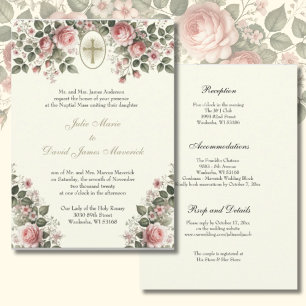 Elegante katholische florale Hochzeit und Empfang Einladung
