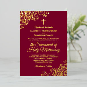 Elegante katholische Hochzeit Burgund & Gold Folieneinladung