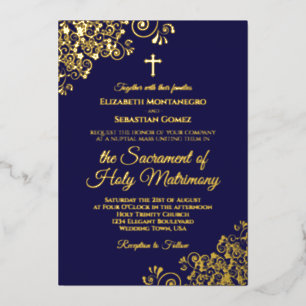 Elegante katholische Hochzeit in Navyblau und Gold Folieneinladung