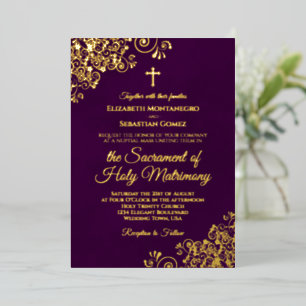 Elegante katholische Hochzeit Pflaume Lila & Gold Folieneinladung